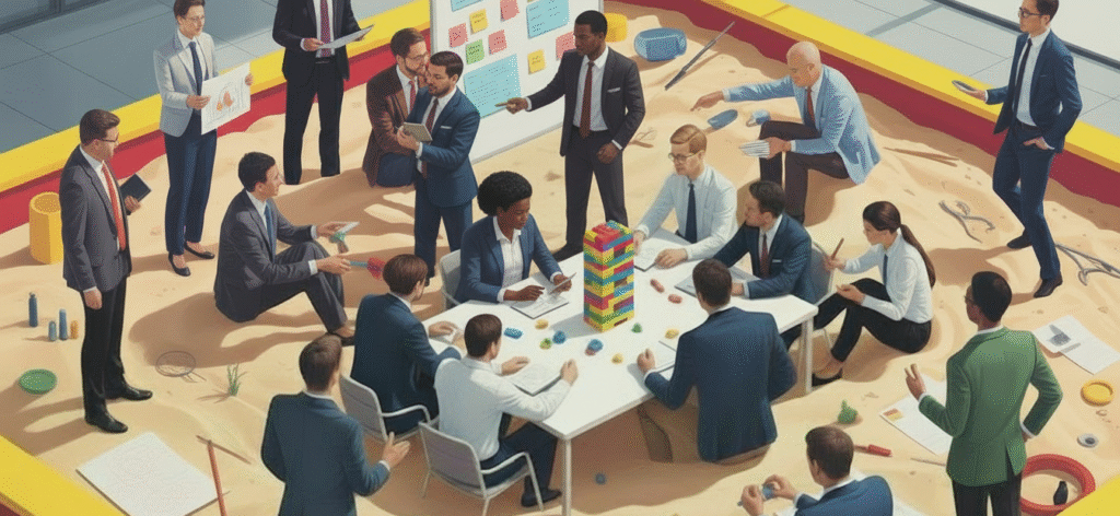 Team collaborating in a creative environment: the leadership sandbox.