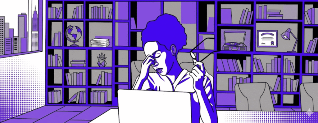 Business leader experiencing cognitive fatigue while working with multiple AI tools on computer screen